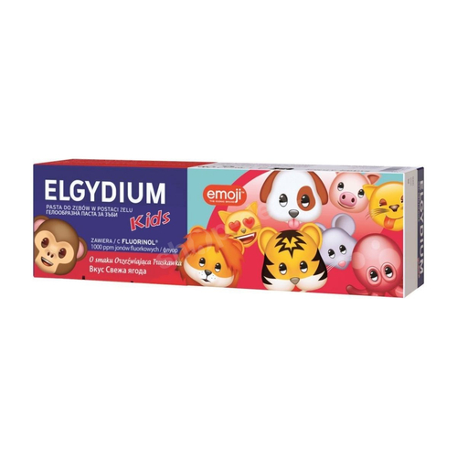 Elgydium EMOJI Kids Orzeźwiająca truskawka Pasta do zębów dla dzieci z kompleksem Fluorinol Protect+ (3-6 lat) 50 ml