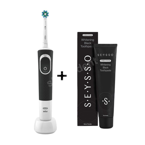 Zestaw szczoteczka elektryczna ORAL-B D100 Vitality Cross Action Black i pasta SEYSSO Carbon Black