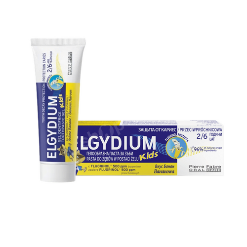 Elgydium KIDS bananowa pasta do zębów dla dzieci 2-6 lat z kompleksem Fluorinol Protect+ 50 ml