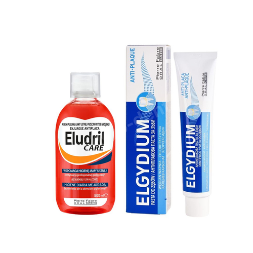 Zesatw pasta ELGYDIUM AntiPlaque + płyn Eludril Care 500 ml